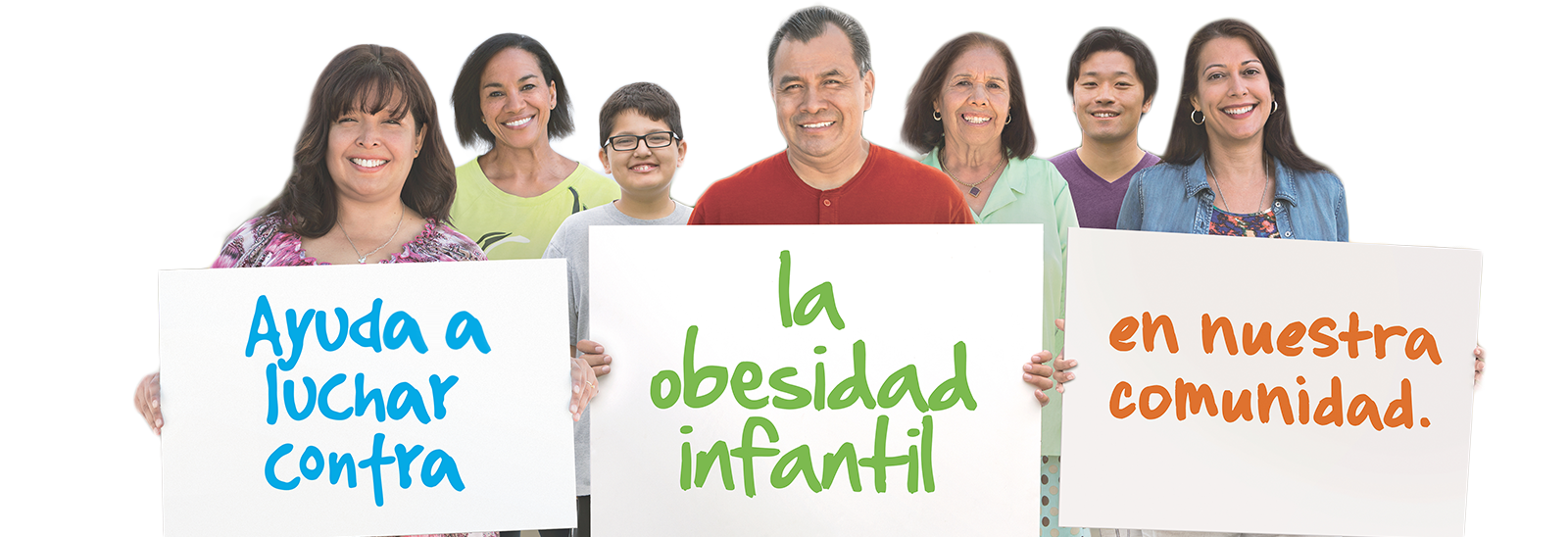 Un grupo de personas sosteniendo anuncios que dice "Ayuda a luchar contra obesidad infantil en nuestra comunidad".