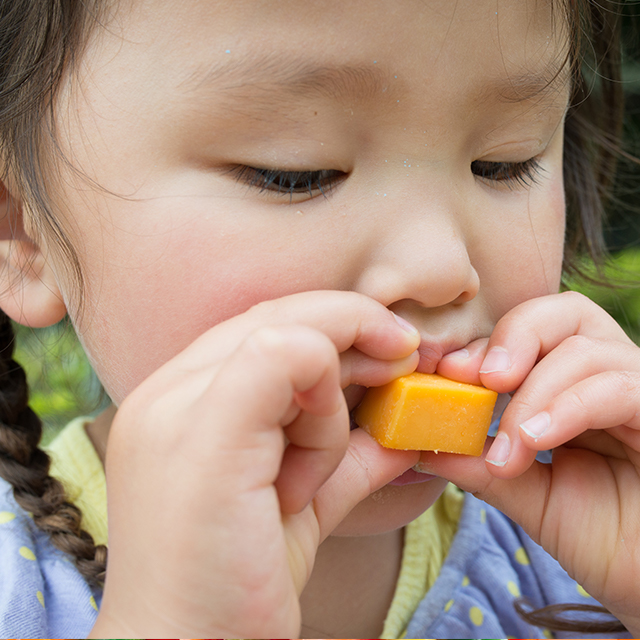 Photo of girl eating cheese.