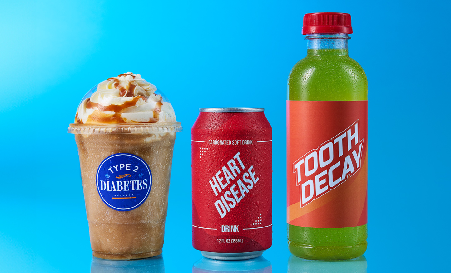 Three cold beverages highlighting the harmful effects sugary drinks have on health.