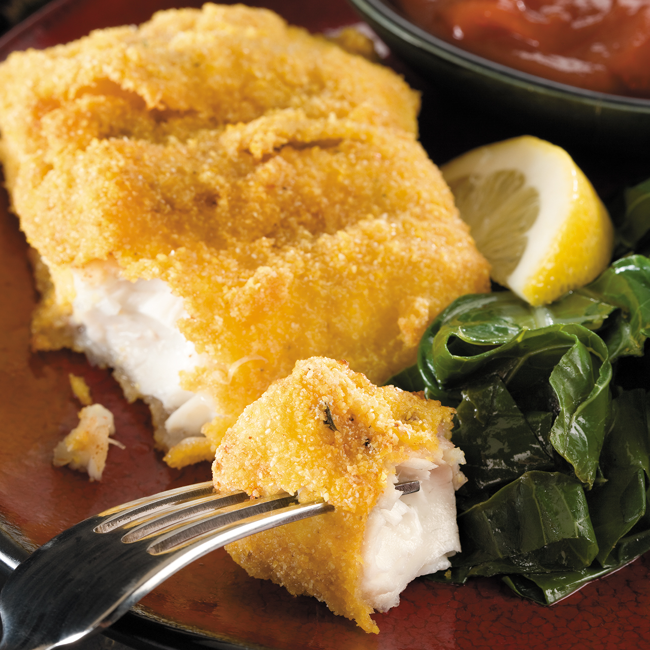 Oven Fried Catfish with Stir-Fry Greens