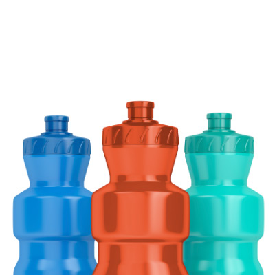 Three plastic water bottles in blue, green, and pink on a white background.