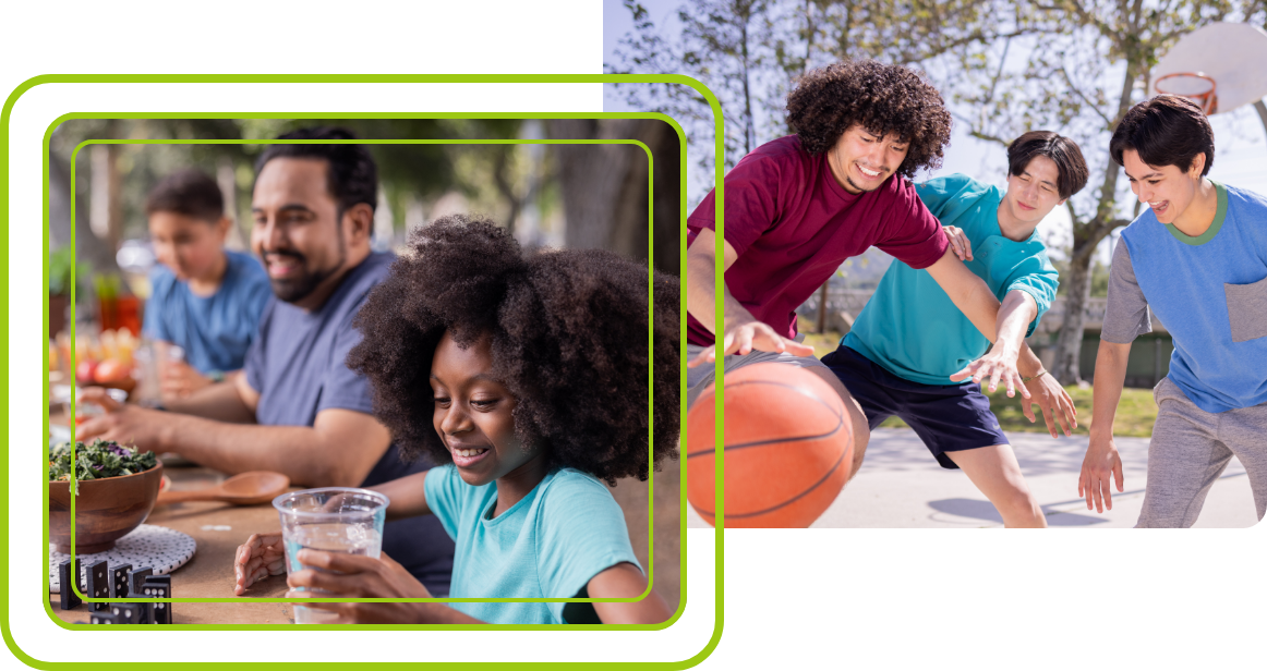 A family chooses water over sugary drinks as kids play, showing the value of healthy eating and staying active